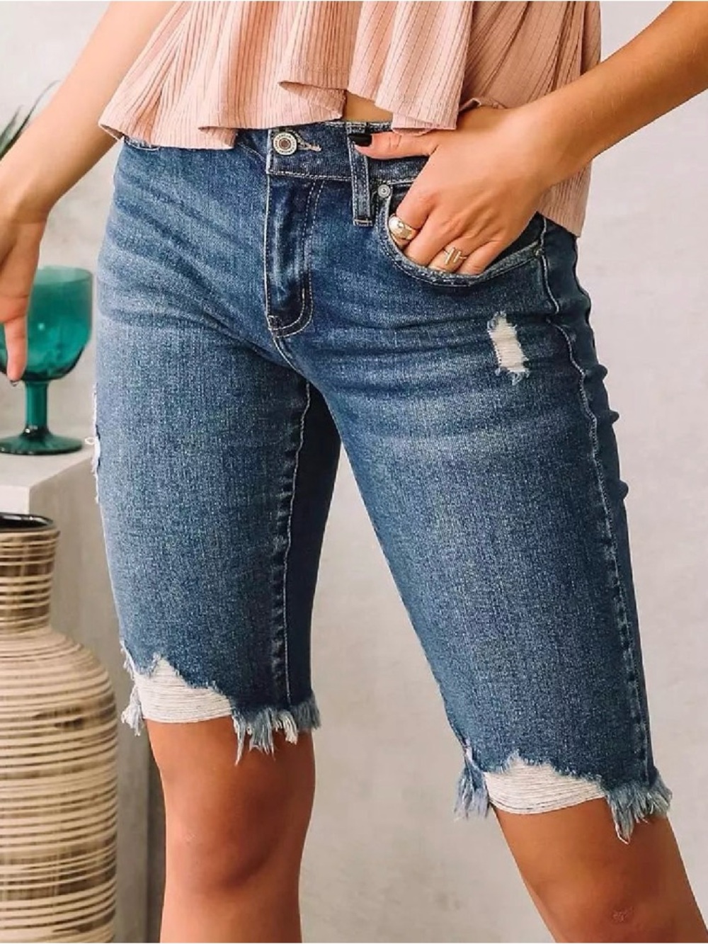 KanCan Blue Distressed High-Rise Denim Bermuda Shorts